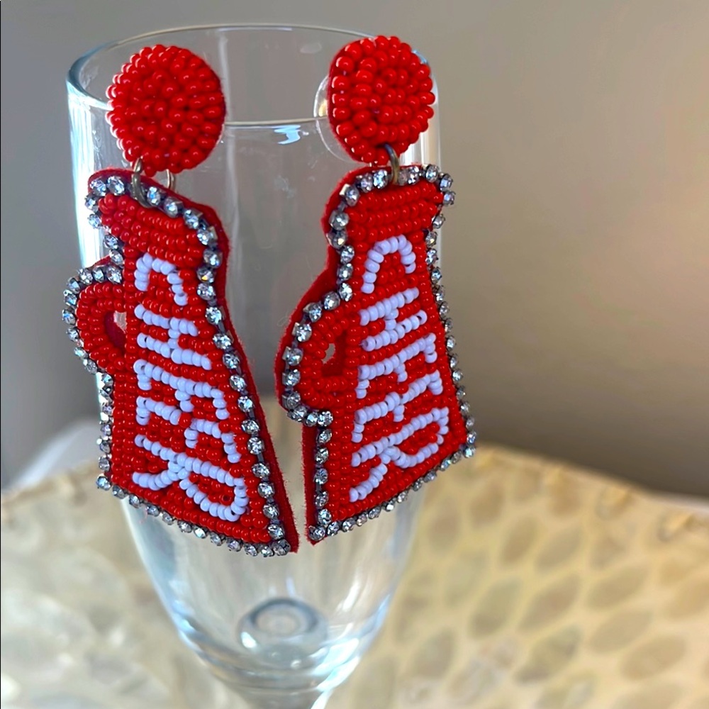 Red and White “Cheer” Earrings Beaded Statement Earrings Gameday